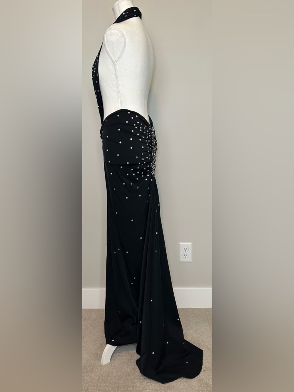 Black Rhinestone Cutout Halter Maxi Dress Backless Glam Sexy Evening Gown‎ S/M - Picture 3 of 11